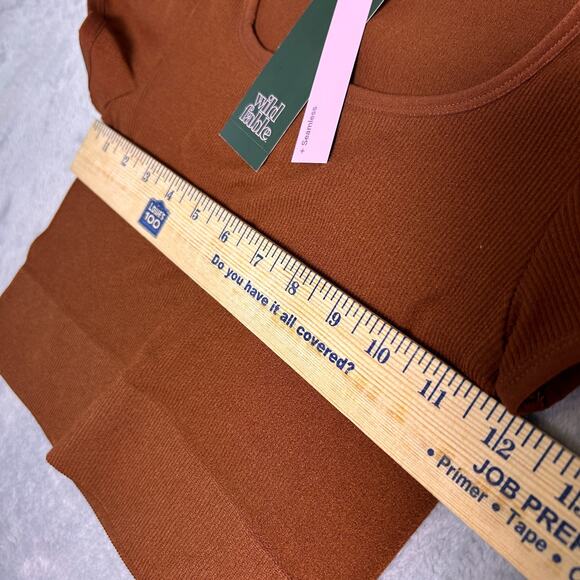 Wild Fable Seamless Cropped T Shirt Womens S Brown Stretchy Ribbed Fitted Fall - Picture 4 of 6